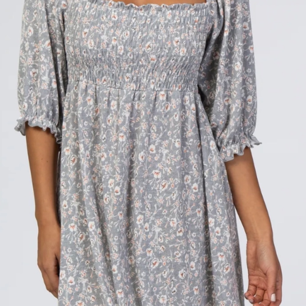 Floral Smocked Dress in Gray and White